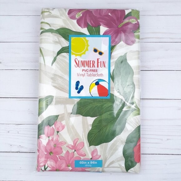 Vinyl Tablecloth Tropical Flowers Floral Camping Picnic Party 60x84 - Picture 1 of 2